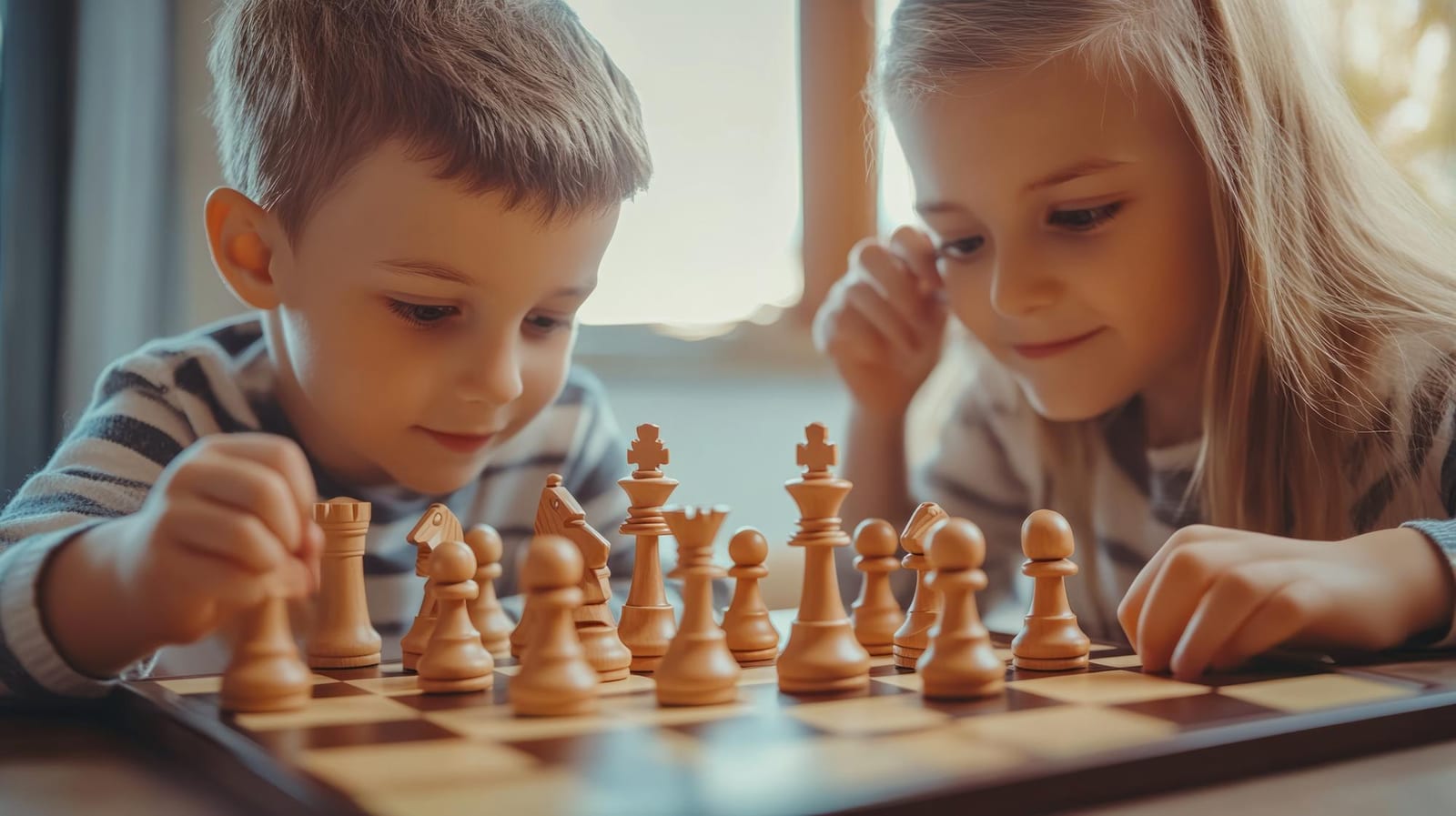 Duas crianças jogando xadrez juntas em ambiente escolar